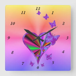 Rainbow Heart och Butterfly Fyrkantig Klocka