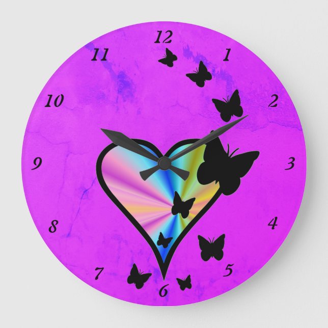 Rainbow Heart och Butterfly Stor Klocka (Framsida)