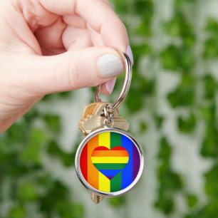Rainbow Heart & Pride Rainbow Flagga /LGBT communi Rund Silverfärgad Nyckelring