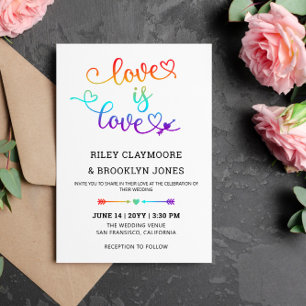 Rainbow Heart Script Kärlek är Kärlek LGBT Bröllop Inbjudningar