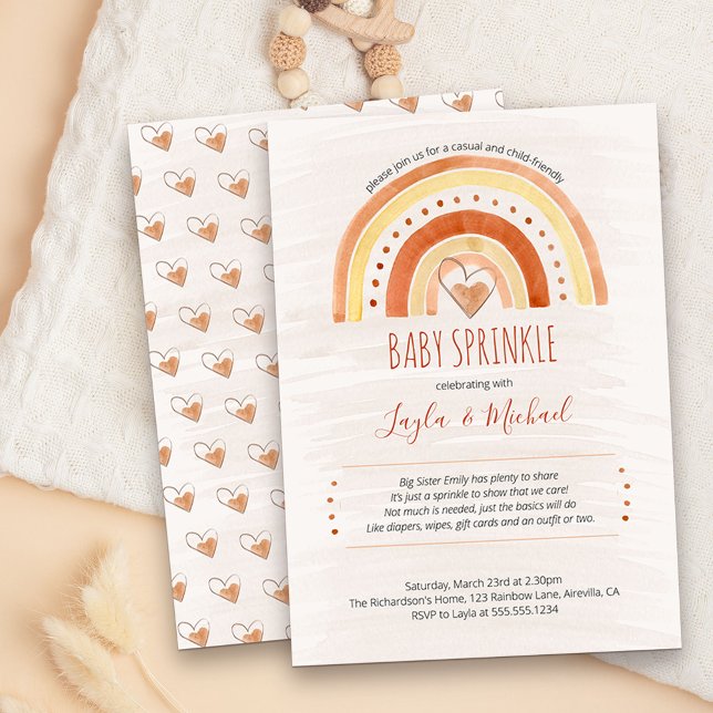 Rainbow Heart Watercolor Tvättar Baby Sprinkle Inbjudningar (Neutral cute and simple rainbow and love hearts Baby Sprinkle invitation)
