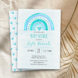 Rainbow Heart Watercolor Tvättar Blue Baby Shower Inbjudningar