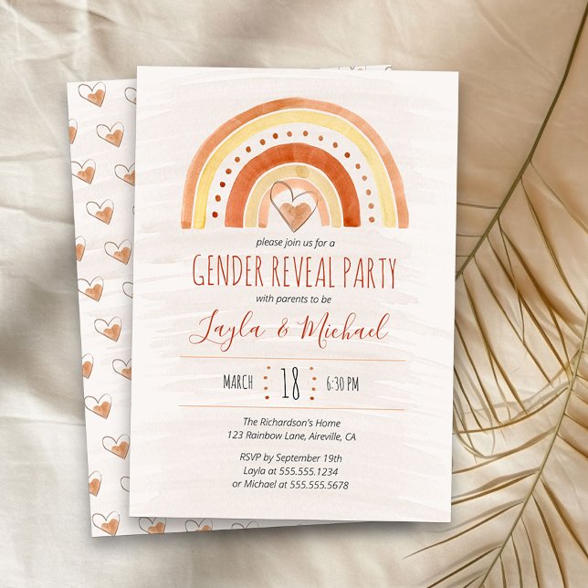 Rainbow Heart Watercolor Tvättar Gender Reveal Inbjudningar (Neutral Rainbow gender reveal invitation)