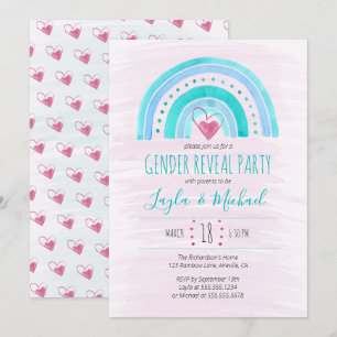 Rainbow Heart Watercolor Tvättar Gender Reveal Inbjudningar
