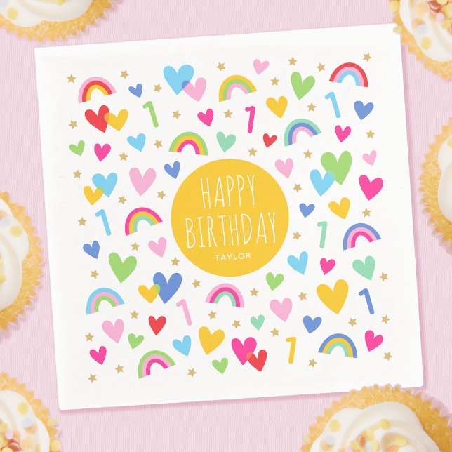 Rainbow Hearts 1:a Birthday Party Namn Gult Pappersservett (Skapare uppladdad)