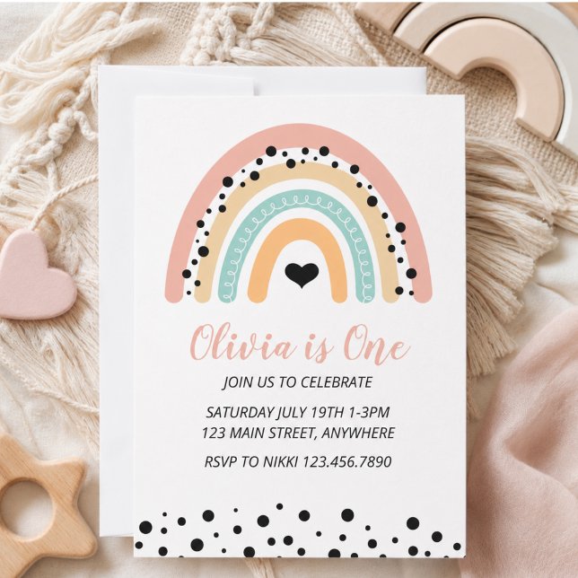 Rainbow & Hearts 1-årsfest Inbjudningar (Rainbow & Hearts 1st Birthday Party Invitation)