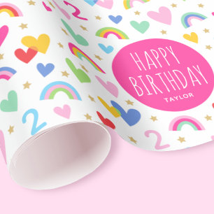 Rainbow Hearts 2:a födelsedag Rosa för eget namn Presentpapper