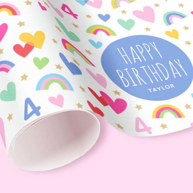 Rainbow Hearts 4e födelsedagen eget namn blått Presentpapper (Skapare uppladdad)