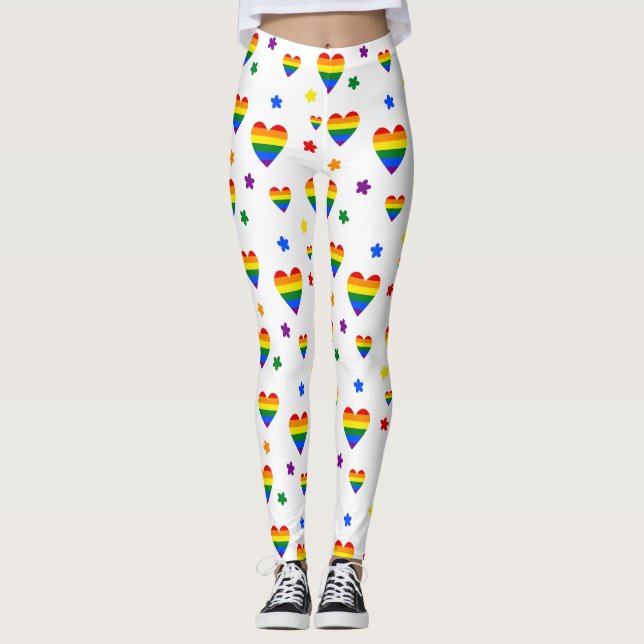 Rainbow Hearts and Colorful Flowers Mönster Leggings (Framsida)