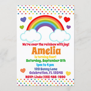 Rainbow Hearts and Dots Girls Birthday Inbjudningar