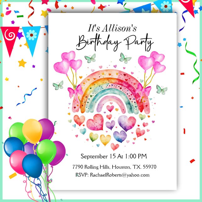 Rainbow Hearts Butterflies Birthday Inbjudningar (Skapare uppladdad)