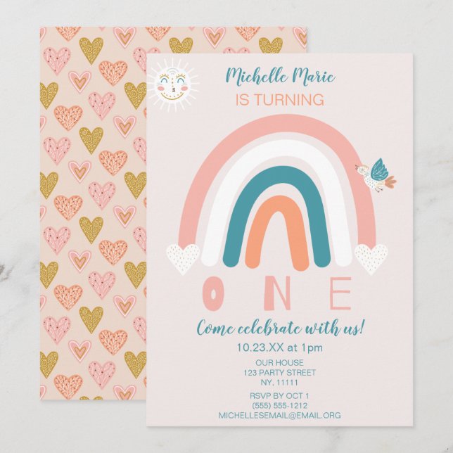 Rainbow Hearts First Birthday Call Inbjudningar (Fram/baksida)