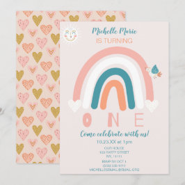 Rainbow Hearts First Birthday Call Inbjudningar
