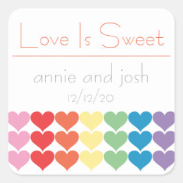 Rainbow Hearts Kärlek är sötetiketter (Orange) Fyrkantigt Klistermärke
