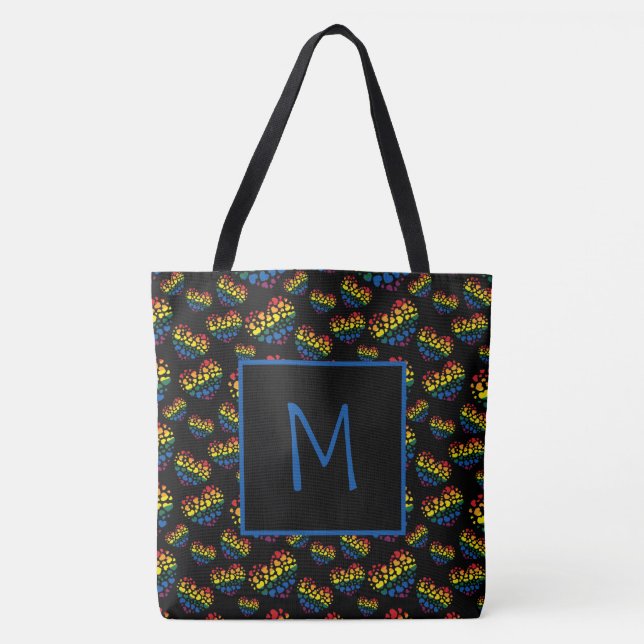 Rainbow Hearts Monogram Tote Bag Tygkasse (Framsida)