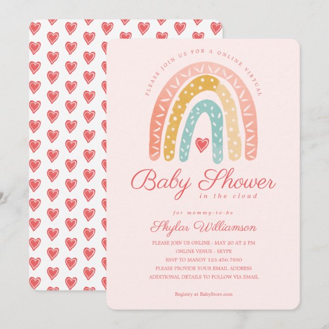 Rainbow & Hearts Online Virtuell Baby Shower Inbjudningar (Fram/baksida)