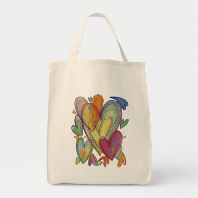 Rainbow Hearts Ord Art Inspirational Tote Bag Tygkasse (Framsidan)