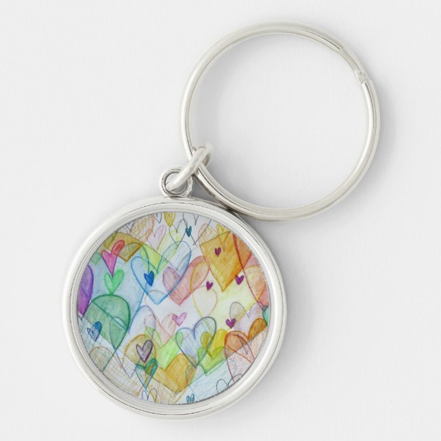 Rainbow Hearts Pendant Art Charm Keychains Rund Silverfärgad Nyckelring (Framsidan)