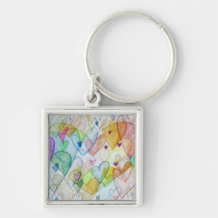 Rainbow Hearts Pendant Art Keychain Charm Fyrkantig Silverfärgad Nyckelring