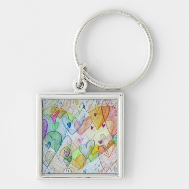 Rainbow Hearts Pendant Art Keychain Charm Fyrkantig Silverfärgad Nyckelring (Framsidan)