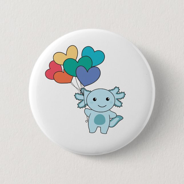 Rainbow Hearts Pride Lgbtq Balloons Axolotl Button Knapp (Framsida)