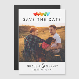Rainbow Hearts Save the Date with Photo Magnetisk Inbjudningskort