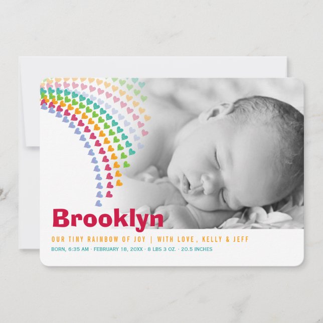 Rainbow Hearts Sprinkles Baby Birth Notice Meddelande (Framsida)