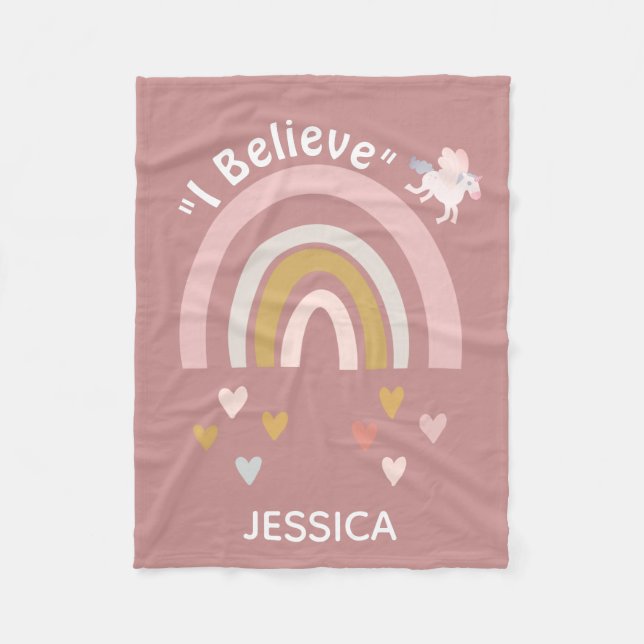 Rainbow Hearts Tro på Personligen Unicorns Fleecefilt (Framsidan)