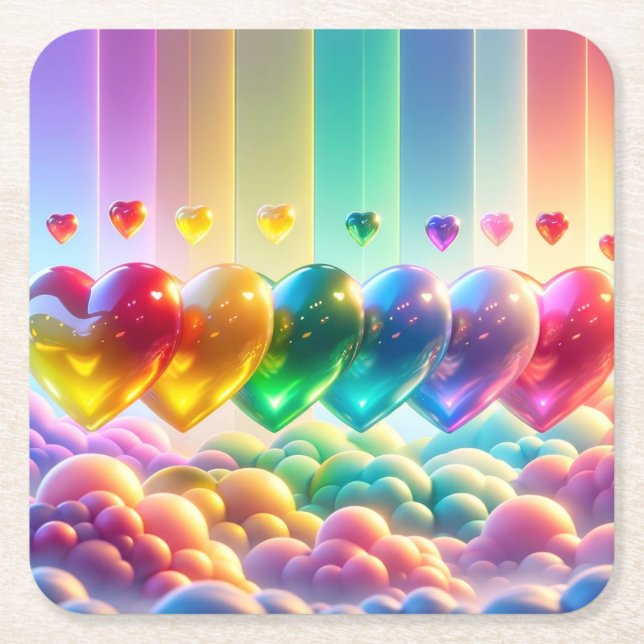 Rainbow Hearts Underlägg Papper Kvadrat (Framsidan)