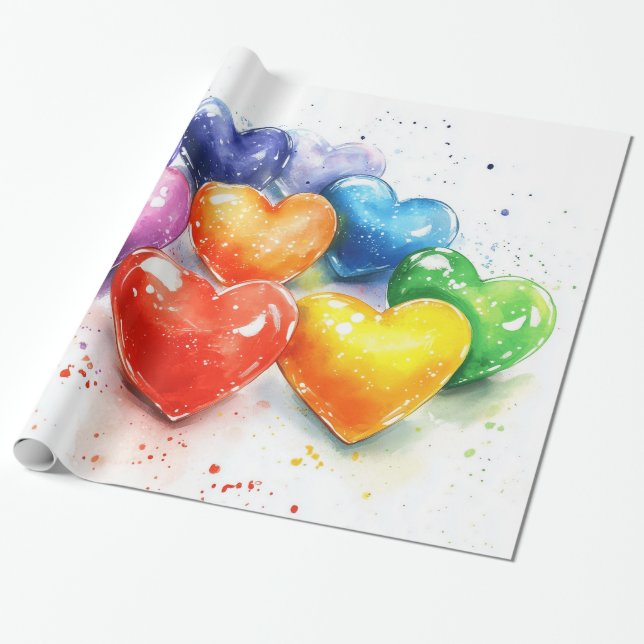 Rainbow Hearts Watercolor Digital Art Presentpapper (Utrullad)