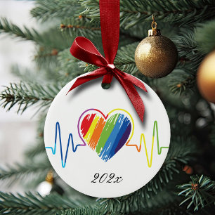 Rainbow Heartslag Abstrakt Scribble Heart Julgransprydnad Keramik