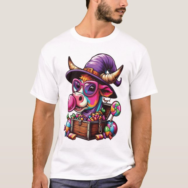 Rainbow Highland Cow Halloween T Shirt (Framsida)