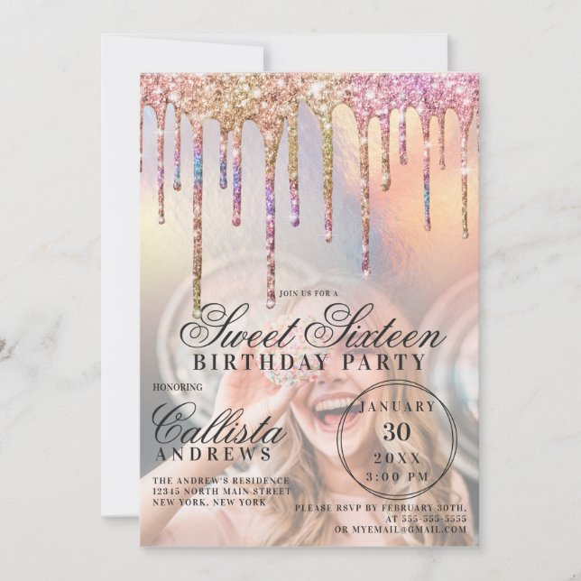 Rainbow HoloGraph Glitter Drips Photo Sweet 16 Inbjudningar (Framsida)