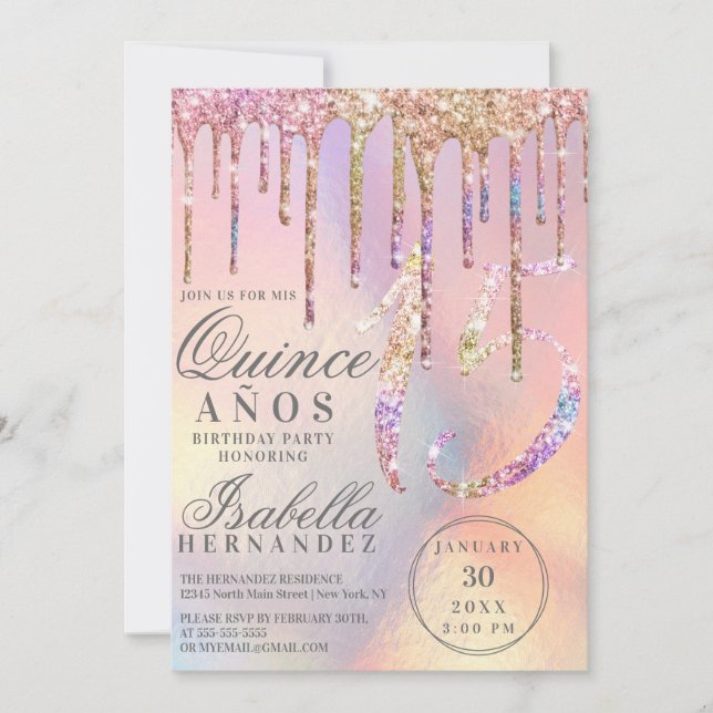 Rainbow HoloGraph Glitter Drips Quinceañera Inbjudningar (Framsida)