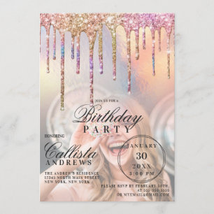 Rainbow HoloGraph Glitter Driver foto Birthday Inbjudningar