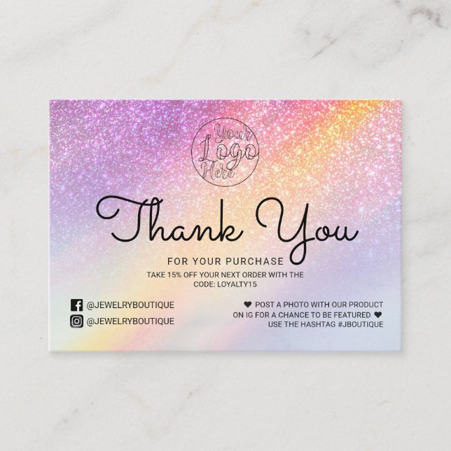 Rainbow Holograph Glitter Ombre Customer Tack Visitkort (Framsida)