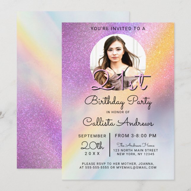 Rainbow HoloGraph Glitter Ombre Photo Birthday Inbjudningar (Fram/baksida)
