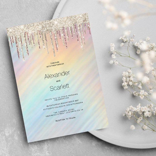 Rainbow holographic gold glitter drips Wedding  Inbjudningar (Rainbow holographic gold glitter drips Wedding)
