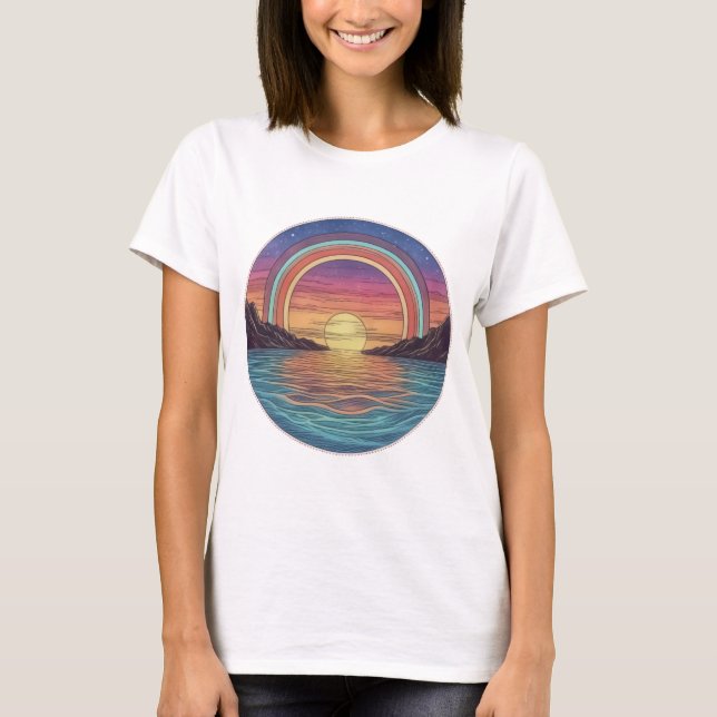 Rainbow Horizons: Serene Sunset Art T Shirt (Framsida)