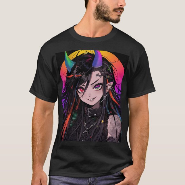 Rainbow Horned Goth Punk Anime Girl T Shirt (Framsida)