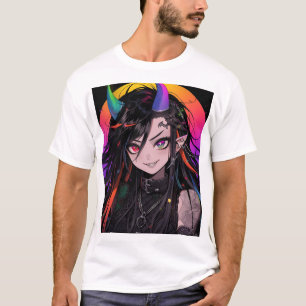 Rainbow Horned Goth Punk Anime Girl T Shirt