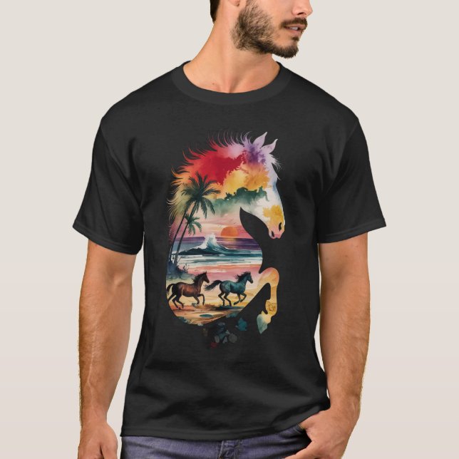 Rainbow Horse Silhouette Tropical Sunset Beach T Shirt (Framsida)
