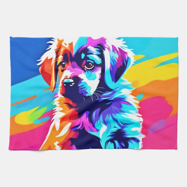Rainbow Hued Hund Art Kökshandduk (Horisontell)