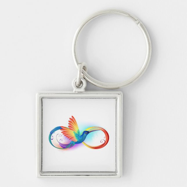 Rainbow Hummingbird med oändlighetssymbol Fyrkantig Silverfärgad Nyckelring (Framsidan)