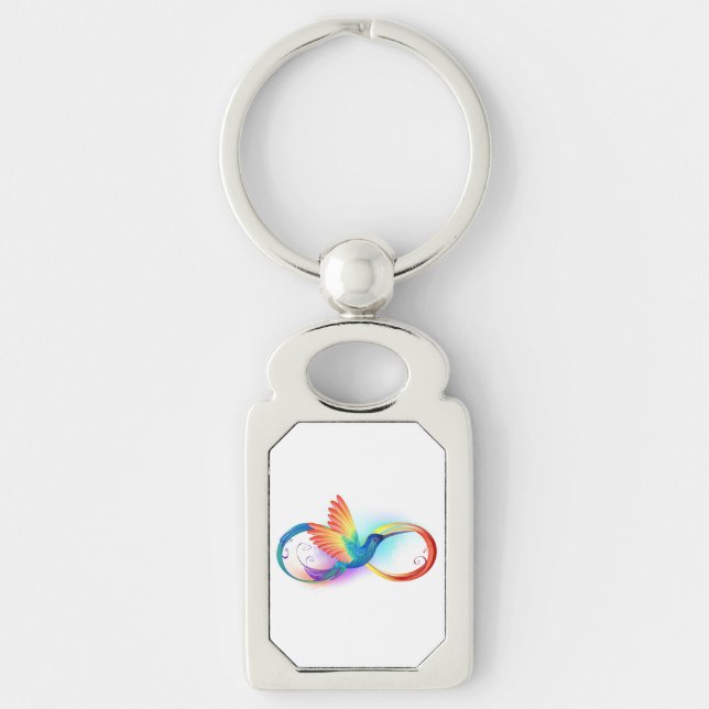 Rainbow Hummingbird med oändlighetssymbol Rektangulärt Silverfärgad Nyckelring (Framsidan)