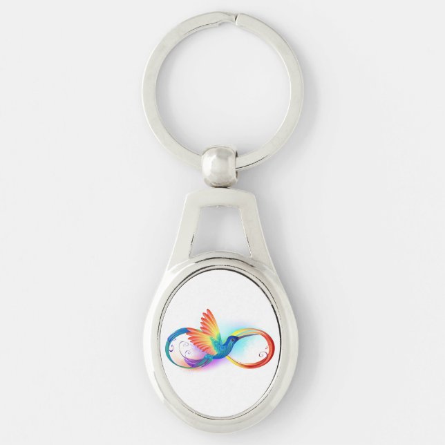 Rainbow Hummingbird with Infinity symbol Ovalt Silverfärgad Nyckelring (Framsidan)