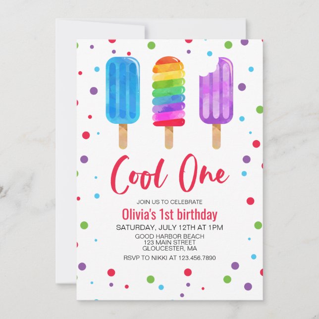 Rainbow Ice pops Coola 1:a födelsedagsinbjudan Inbjudningar (Framsida)