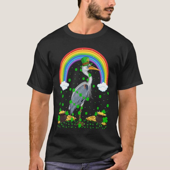 Rainbow Irish Shamrock Heron Bird St Patrick's Day T Shirt (Framsida)