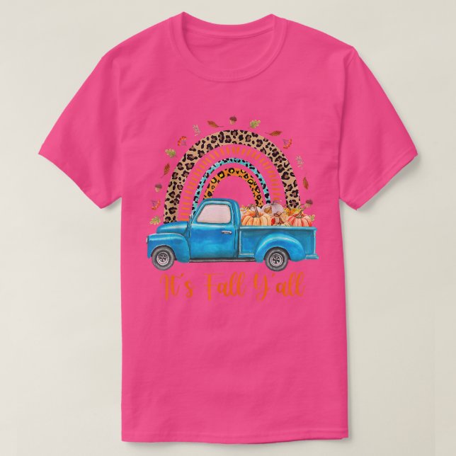 Rainbow its Fall Yall Pumpkin Lastbil Autumn Träd  T Shirt (Design framsida)