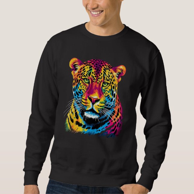 Rainbow Jaguar Big Cat Lover Print Graphic Abstrac Lång Ärmad Tröja (Framsida)